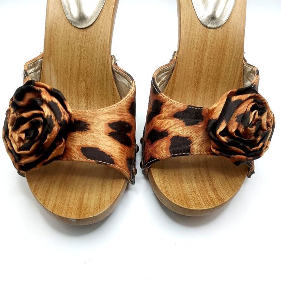 Women 6.5M Guess Leopard Animal Print Wooden Wedge Clog Platform Heels Sandals - Picture 4 of 12